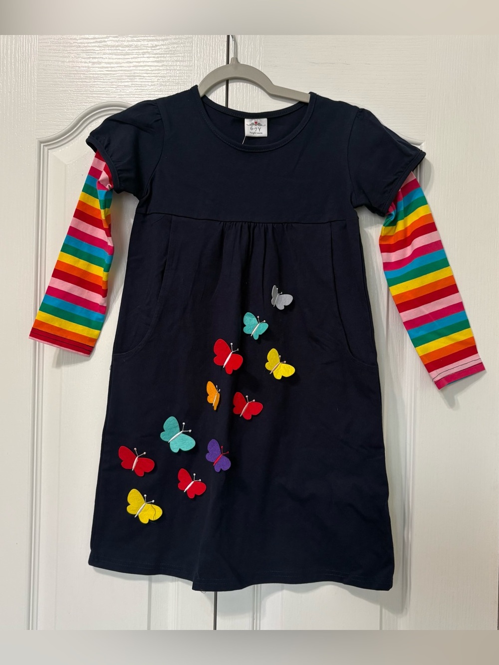 Girls Navy Butterfly Dress with Rainbow Stripe Sleeves - Kids